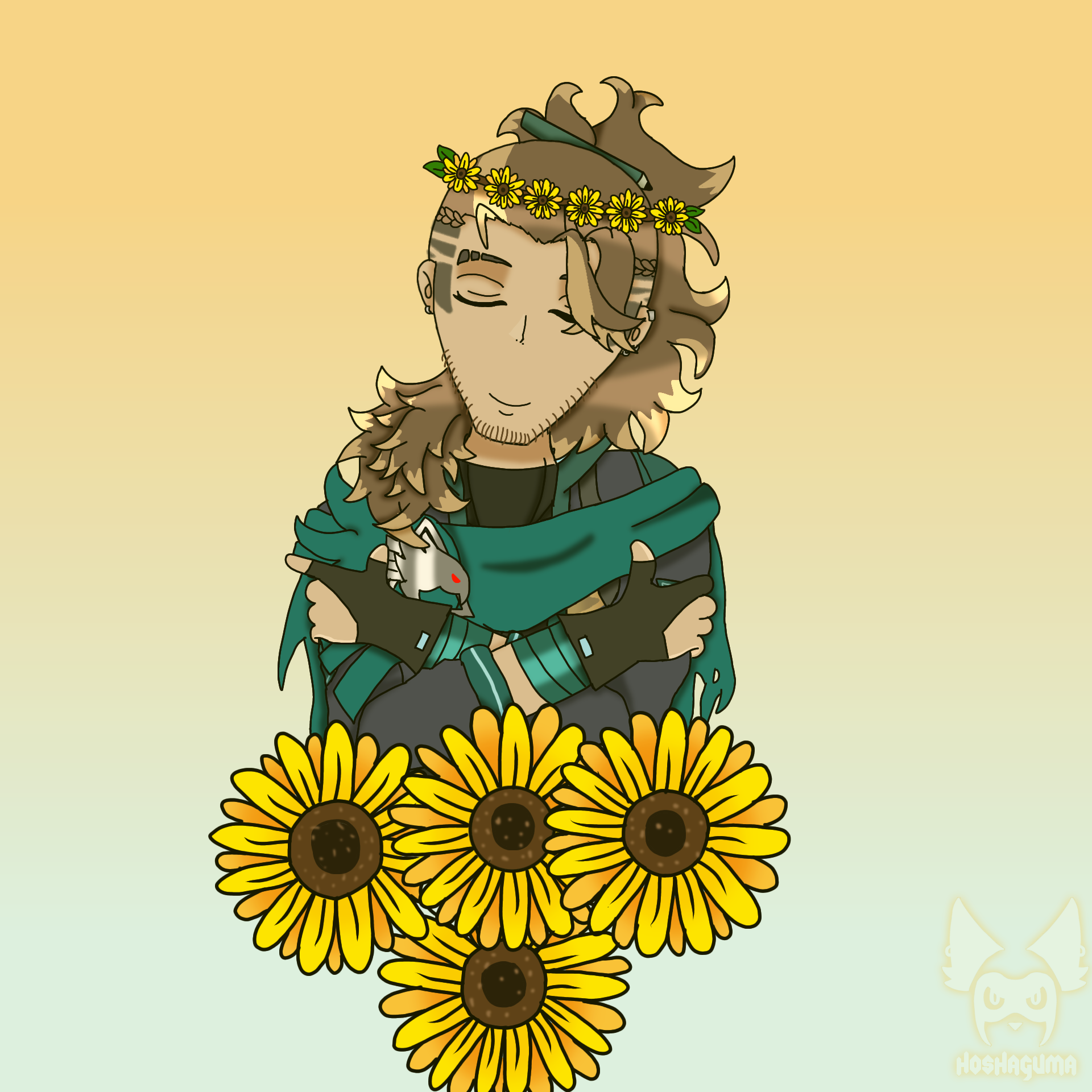 Goldbullet hugging himself with a peaceful expression on his face. He is wearing a sunflower crown and there are four larger sunflowers at the bottom of his torso.